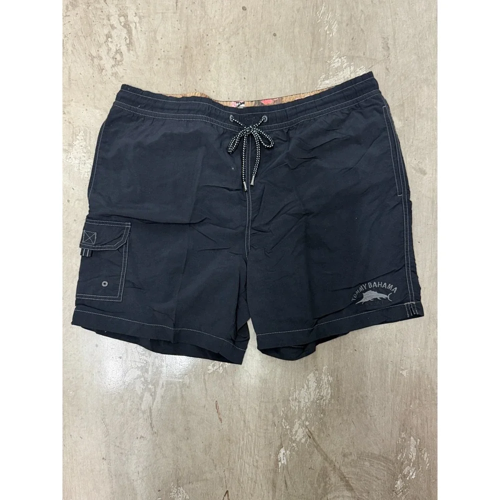 Tommy Bahama Relax Mens L Black Swim Trunks Board Shorts Cargo Pocket 0112